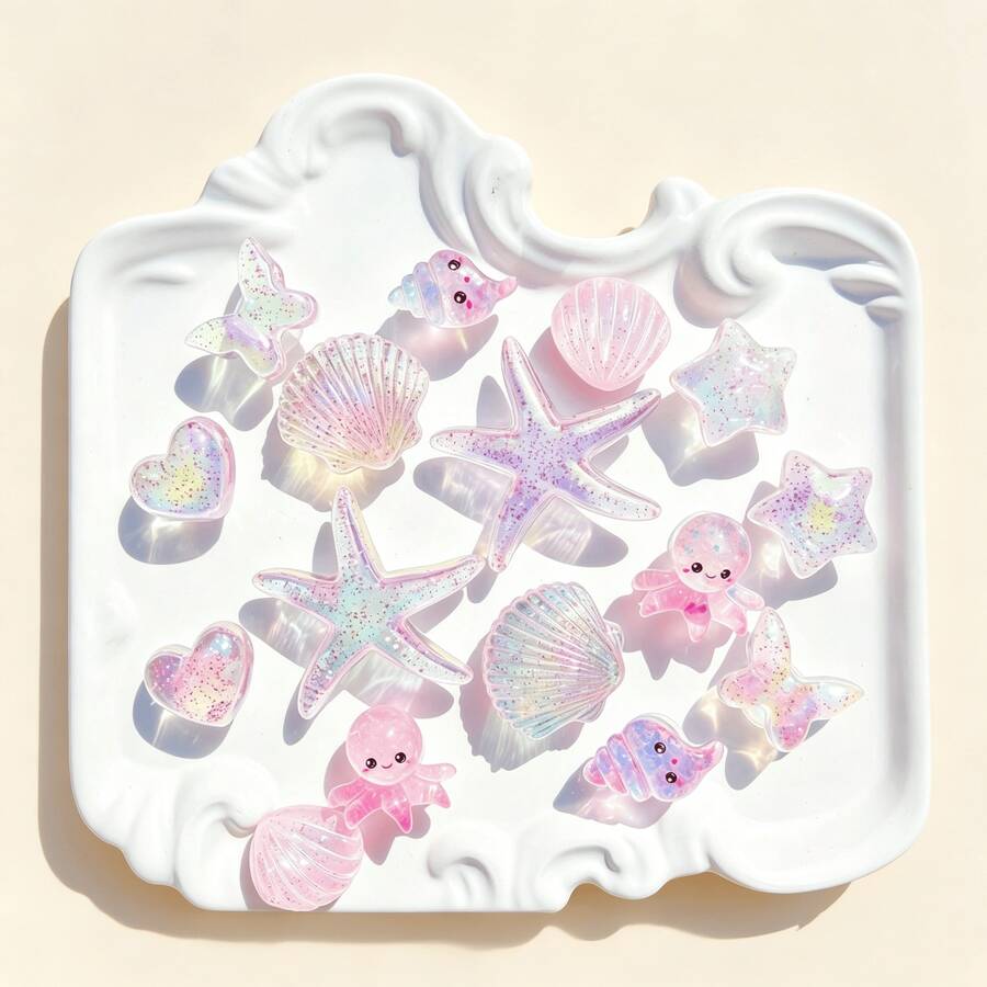 16 Peças Encantos de Sapato da Série Oceano Rosa Translúcido (Estrela-do-mar, Concha, Polvo, Búzios, Borboleta, Coração) Adequado para Acessórios de Decoração DIY de Chinelos Perfurados - Rosa translúcido - Visão 1
