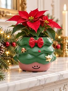 1pc Christmas Tree And Gift Box Shaped Planter, Cute Festive Small Plant Pot With Bow And Star Details, Holiday Home Decor For Succulents, Windowsill, Office Desk, Shelf And Tabletop Display - New Model - View 3