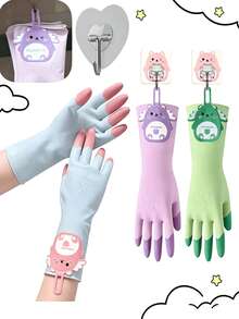 Cute Cartoon Print Latex Protective Gloves, Extended Cuff Design Waterproof Household Gloves, Non-Slip Texture With Convenient Hook, Color Block Style, Suitable For Kitchen Dishwashing, Bathroom Cleaning And Various Daily Chores - Multiple Styles - View 10