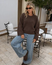 Women's Round Neck Dropped Shoulder Knit Sweater, Loose Fit Solid Color Basic Pullover Top, Vintage Style, Suitable For Commuting - Coffee Brown - View 6