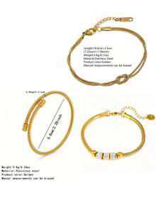 VceTd 1 Set Minimalist Style Stainless Steel Jewelry Set With Wire Design Bracelet And Basic Chain Bracelet, Suitable For Vacation Wear - Yellow Gold - View 2