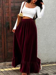 Rok Maxi Wanita Ukuran Besar Warna Burgundy Bahan Beludru dengan Pinggang Elastis Tinggi dan Hem Berkerut, Cocok untuk Liburan Santai dan Pakaian Sehari-hari - Burgundy - View 4