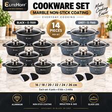 Elitehoff 14-Piece Nonstick Cookware Set, Marble-Coated Aluminium Pots With Glass Lids, Induction & Gas Compatible, Black Or Grey - View 1