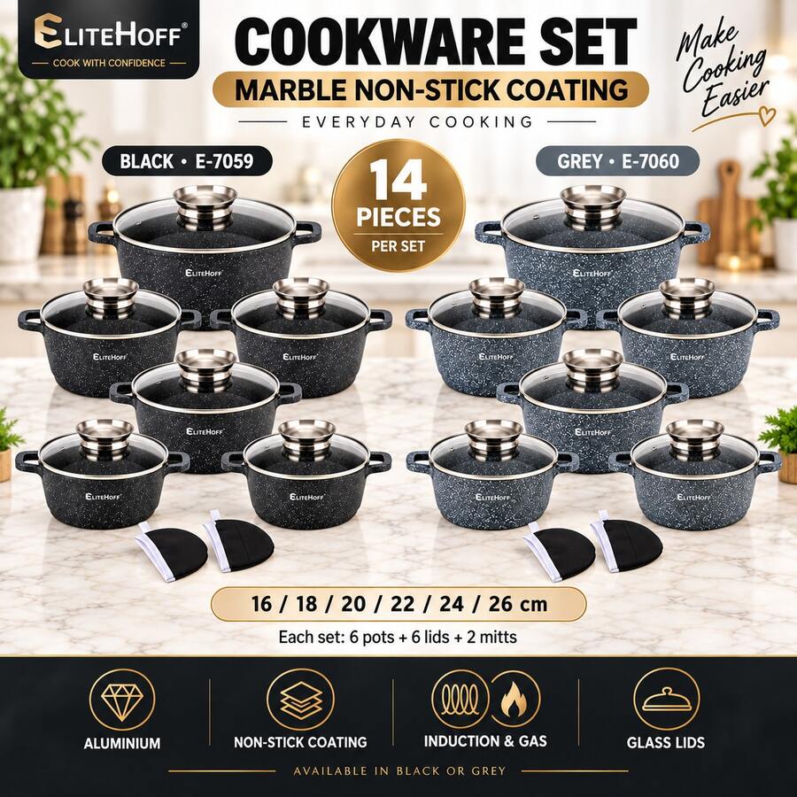Elitehoff 14-Piece Nonstick Cookware Set, Marble-Coated Aluminium Pots With Glass Lids, Induction & Gas Compatible, Black Or Grey - View 1