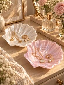 1pc Pearl Luster Shell Shaped Jewelry Tray, Elegant Pink And White Color Vanity Storage Box, Suitable For Rings, Earrings, Necklaces And Bracelets, Bedroom Decor Storage Tray, Suitable For Vanity, Gifts, Weddings, Bridesmaid Gifts, Room Decor - Multicolor - View 1