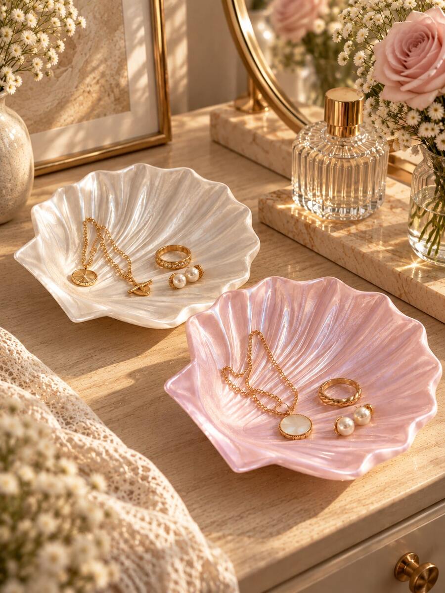 1pc Pearl Luster Shell Shaped Jewelry Tray, Elegant Pink And White Color Vanity Storage Box, Suitable For Rings, Earrings, Necklaces And Bracelets, Bedroom Decor Storage Tray, Suitable For Vanity, Gifts, Weddings, Bridesmaid Gifts, Room Decor - Multicolor - View 1