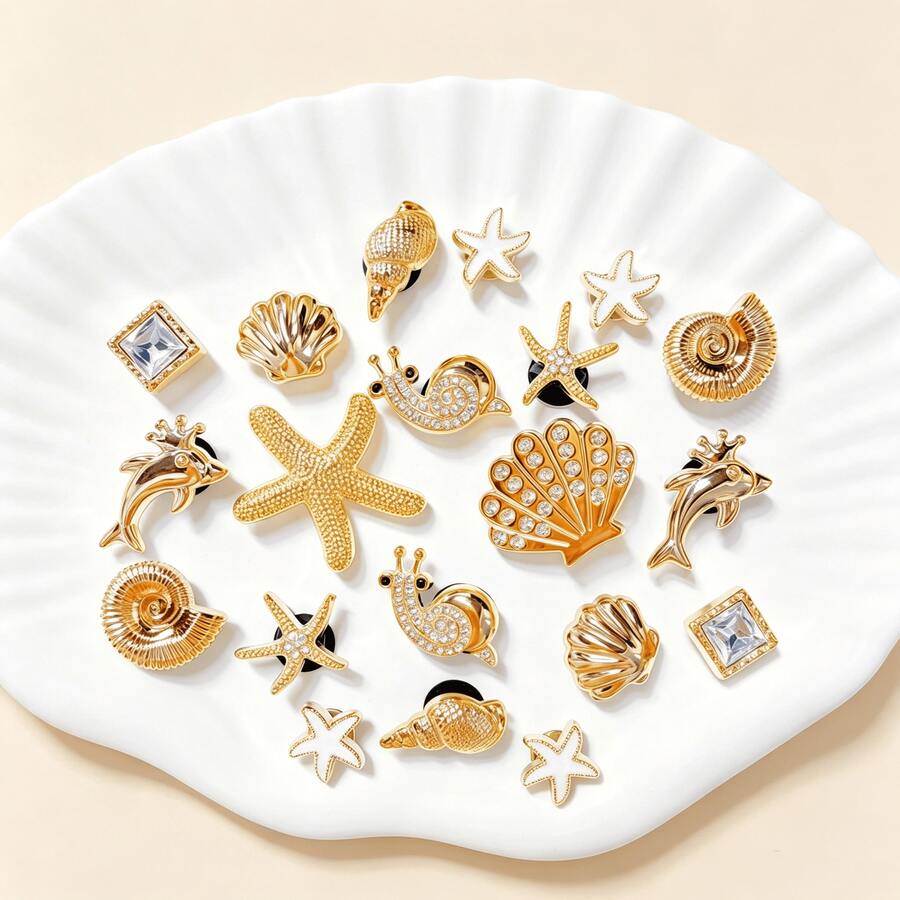 20pcs Gold Ocean Series Shoe Charms (Starfish, Palm Tree, Shell, Conch, Heart) Suitable For Perforated Slippers DIY Decoration Accessories, Perfect Birthday Party Holiday Gift Choice