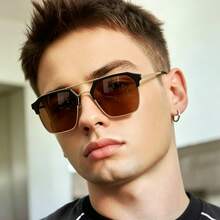 1PC Square Metal Aviator Style Fashion Decorative Glasses - Brown - View 1