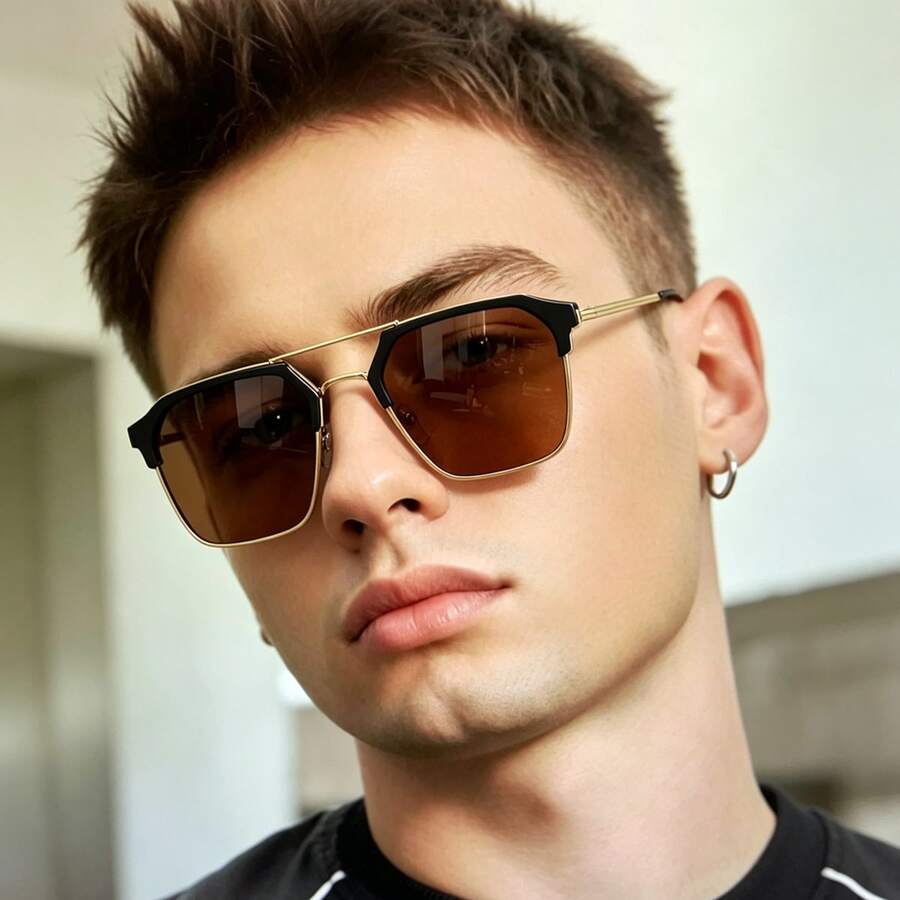 1PC Square Metal Aviator Style Fashion Decorative Glasses - Brown - View 1
