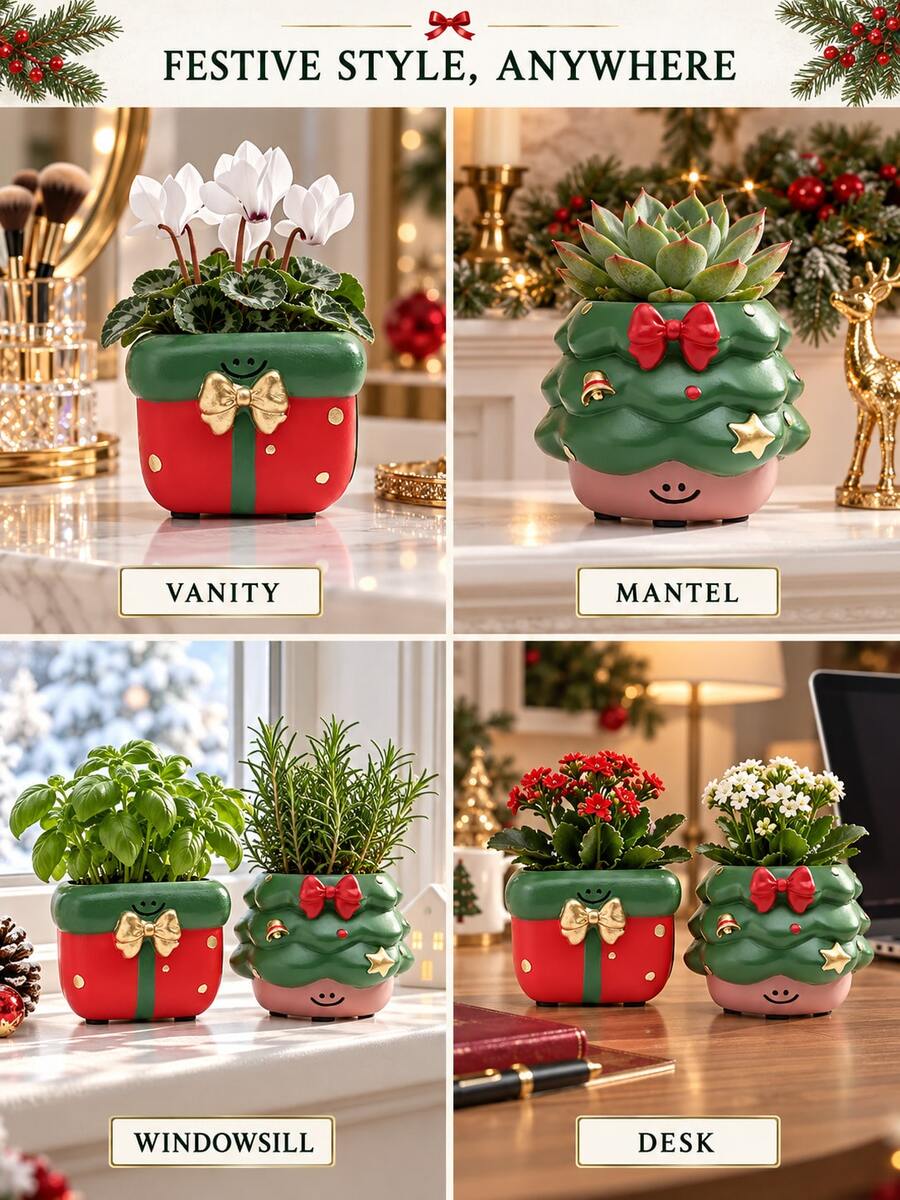 1pc Christmas Tree And Gift Box Shaped Planter, Cute Festive Small Plant Pot With Bow And Star Details, Holiday Home Decor For Succulents, Windowsill, Office Desk, Shelf And Tabletop Display - New Model - View 1