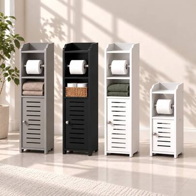 Small Slim PVC Bathroom Storage Cabinet, Multi-Purpose Cabinet For Bathroom Bedroom Living Room, Compact Storage Unit, Easy To Assemble & Durable, Bathroom Storage Supplies & Storage Solution, Toilet Paper Holder