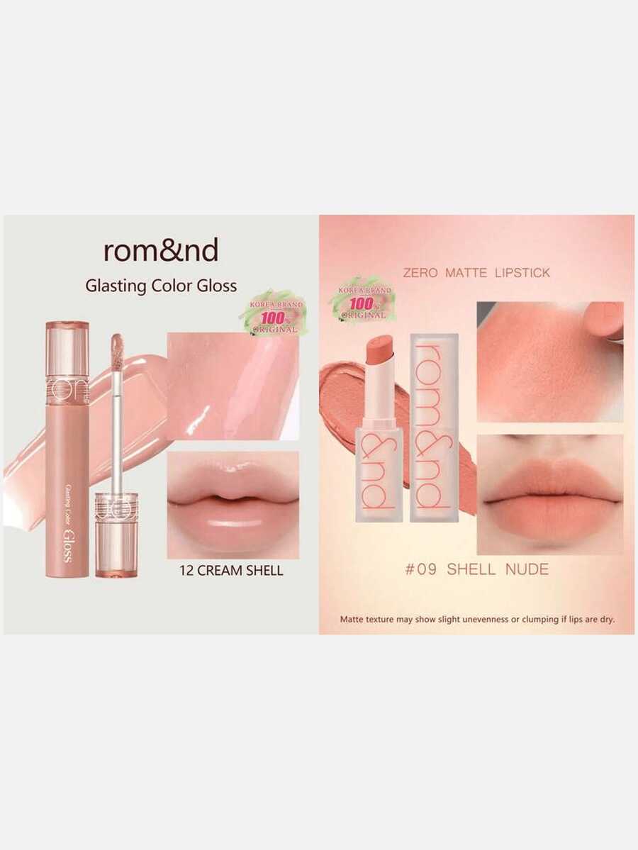 Rom&nd Romand Glasting Color Gloss 12 CREAM SHELL High-Shine Glass Lip Gloss + ZERO MATTE Matte Lipstick #09 SHELL NUDE, 2-Piece Set - 12 CREAM SHELL+#09 SHELL NUDE - View 1