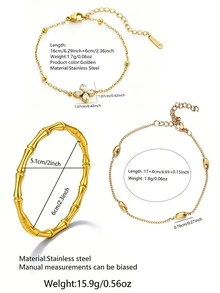 VceTd 1 Set Elegant Style Stainless Steel Women's Bracelet With Bamboo/Four-Leaf/Geometric Design, Suitable For Dating - Yellow Gold - View 2
