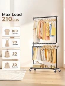 Double-Tier Movable Clothes Rack With Thickened 25mm Tubes For Strong Load-Bearing Capacity, Equipped With Universal Casters, Available In Black And Beige, And A Bottom Storage Shelf For Space Saving - A - View 8