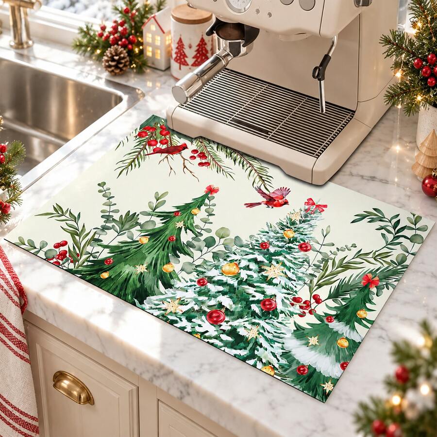 1pc Christmas Absorbent Mat, Christmas Tree Pattern, Kitchen Countertop Absorbent Drying Mat, Coffee Machine Mat, Pour Over Coffee Pot Mat, Dish Drainer Mat, Non-Slip Heat Resistant Kitchen Mat, Dining Table Mat, Breakfast Mat, Washing Machine Mat, Home Kitchen Dining Table Coffee Shop Bar Decor Mat, Holiday Party Housewarming Gift, Christmas Holiday Gift! - Multicolor - View 1