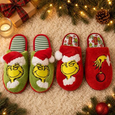 The Grinch زوج واحد من نعال عيد الميلاد الناعمة للأزواج، نعال عيد الميلاد الدافئة من الصوف الناعم، للجنسين، أحذية غرفة النوم الداخلية الشتوية، هدية احتفالية مريحة