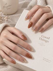 Semi-Cured Gel Nail Strips, 20 Pieces, Caramel Milk Tea Brown Gradient Glitter Nail Stickers, Maillard Warm Autumn Design Self-Adhesive Nail Decals For Daily Commute, Cafe Dates & Weekend Getaways - Mocha Brown - View 8