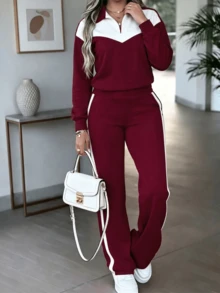LUNNELUX Women Fall Wine Red Color Block 2 Pieces Outfits, Half Zip Collar Long Sleeve Top & Side Stripe Wide Leg Pants Set, Casual Daily Tracksuit - Burgundy - View 4