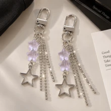 1pc/2pcs Women's Transparent Purple Star Beaded Alloy Hollow Pentagram Pendant, High-End Alloy Rhinestone Tassel Keychain, Minimalist Fairy-Style Bag Charm Wallet Accessory - Mauve Purple - View 4