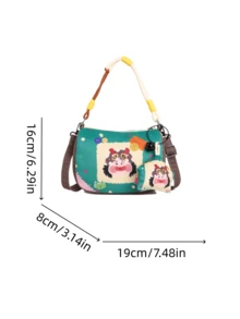 1pc Girls Cartoon Print Fabric Zipper Closure Cute Handbag/Crossbody Bag Suitable For All Seasons Daily Use With Pendant - A - View 3