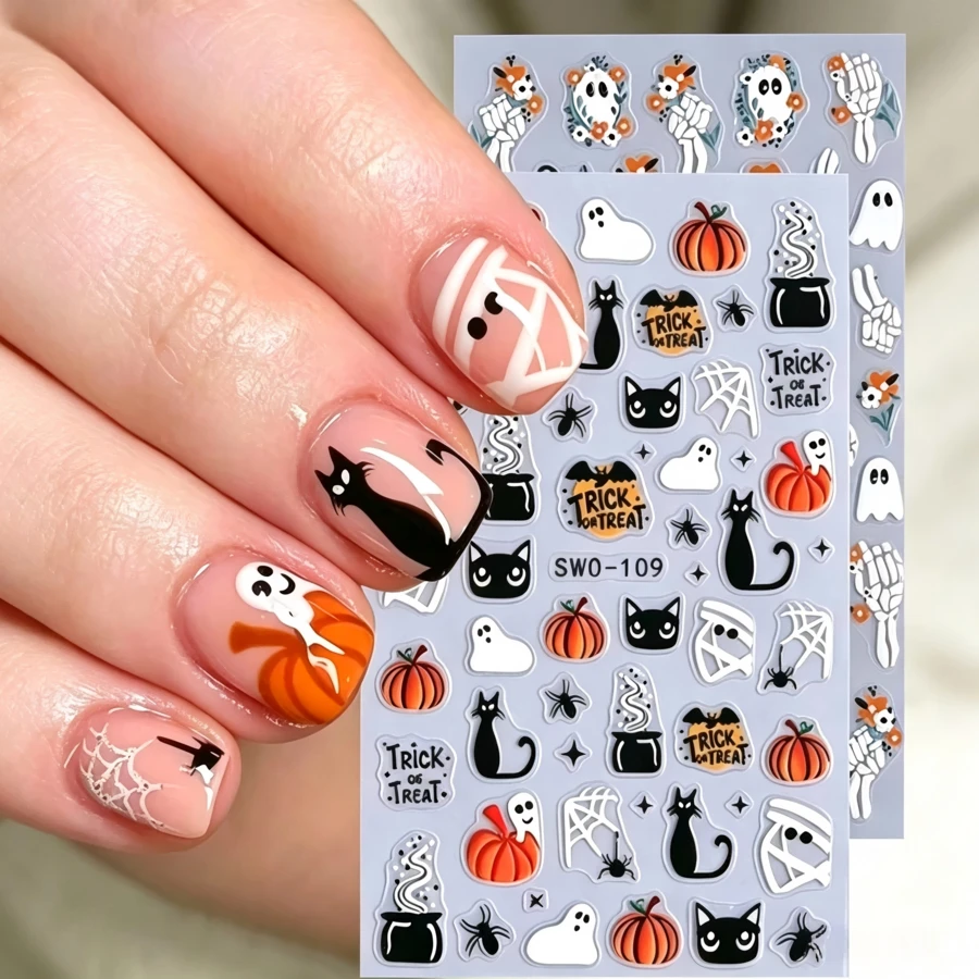 Atmospheric Halloween Nail Stickers! Includes Ghost, Pumpkin, Black Cat, Spider Web And More Fun Patterns, With Embossed 3D Effect, Easy And Secure Application. No Complex Hand Painting Needed, Effortlessly Create Exclusive Holiday Fingertip Looks, DIY Nail Art Made Easy, Instantly Boost Party Atmosphere - Multicolor - View 1