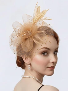 1件卡其色女款網紗花朵髮飾帽，附髮箍與夾子，適用婚禮、下午茶派對、肯塔基德比馬賽帽 - 卡其色 - 查看 2