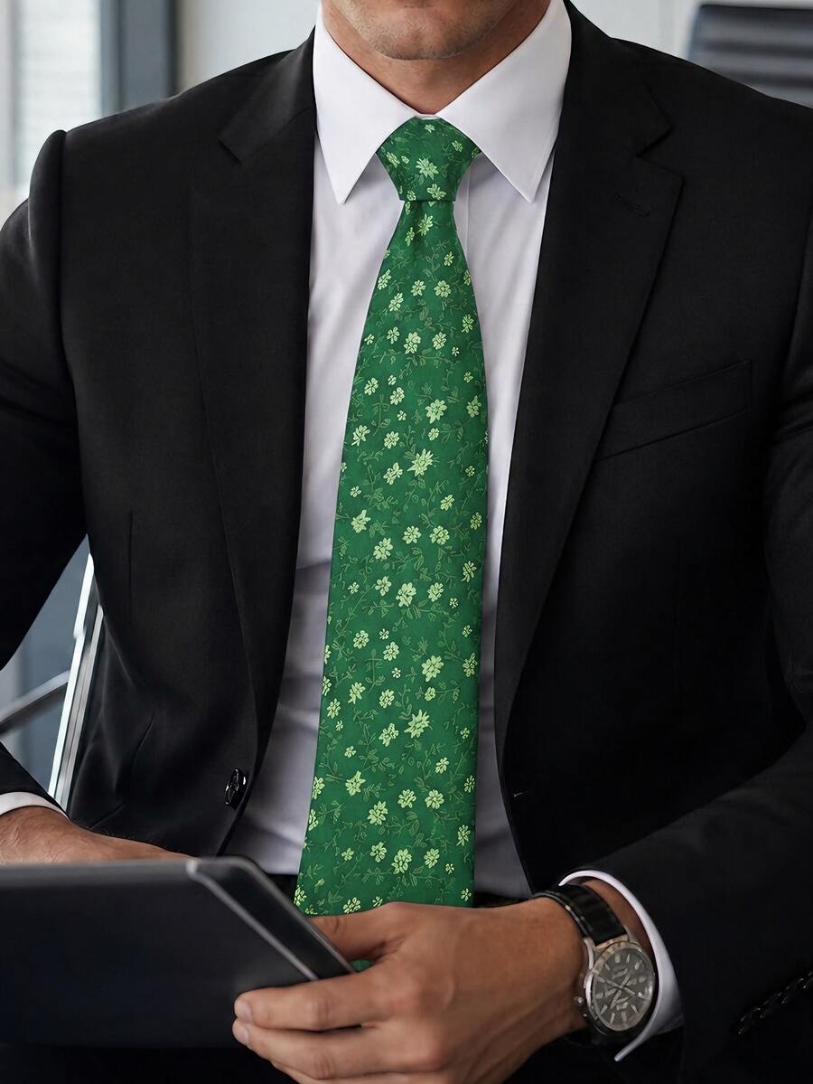 1pc Green Floral Polyester Woven Men's Tie, Classic Wedding Holiday Accessory, Casual Matching Holiday Gift Tie - Green - View 1