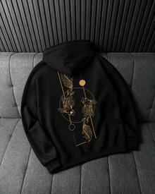 FRACTYR Men's Black Hooded Sweatshirt, Gold Koi Fish Line Print Loose Streetwear Pullover Sweatshirt - Black - View 4