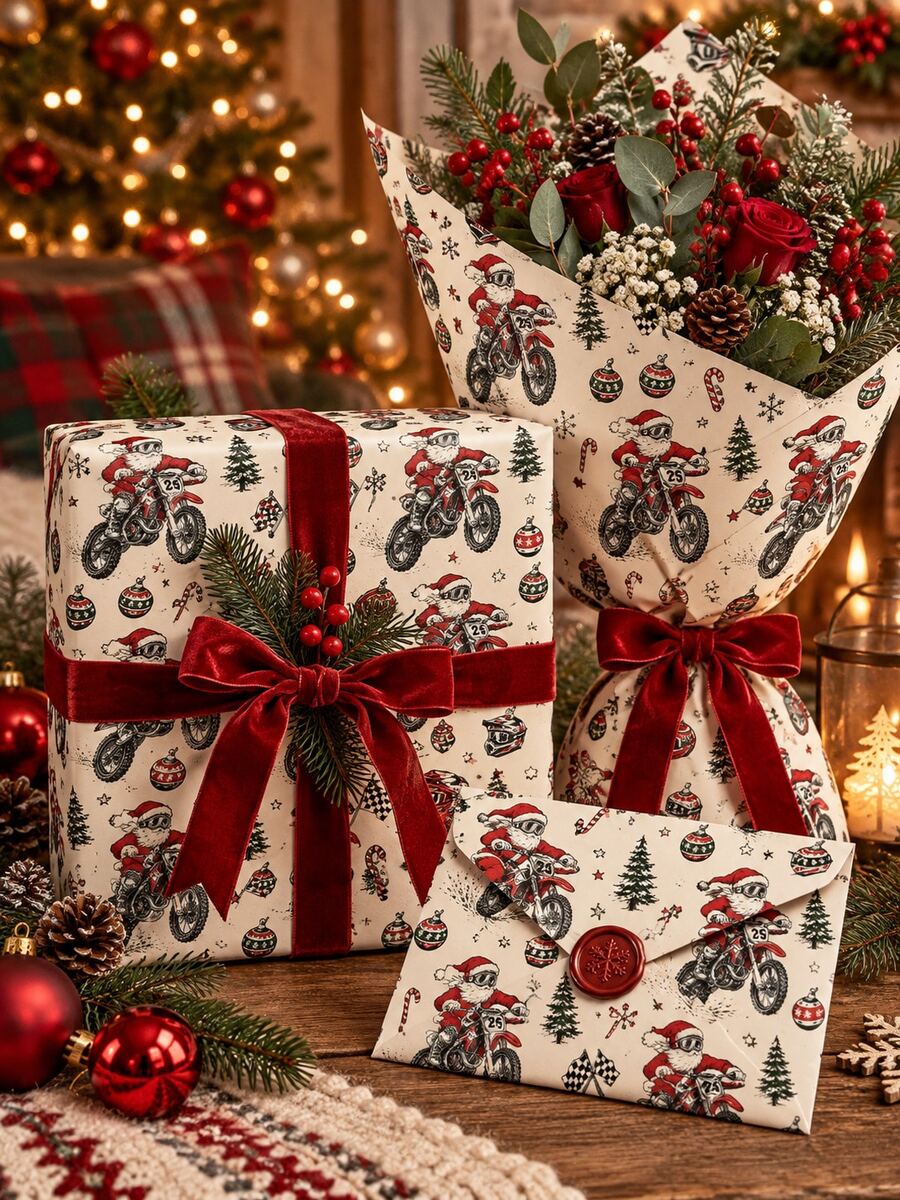 Vintage Style Santa Riding Dirt Bike Pattern Roll Gift Wrapping Paper ...
