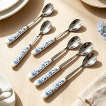6/12pcs Blue Floral Ceramic Handle Stainless Steel Coffee Spoons, Dessert Spoons, Ice Cream Spoons, Small Spoons, Small Forks And Fruit Forks, Suitable For Home, Restaurant, Hotel Use - Multicolor - View 8