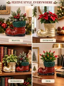 1pc Christmas Shoe-Shaped Planter, Vintage Country Boot Planter With Decorative Textured Trim, Holiday Plant Stand, Suitable For Living Room, Mantel, Entryway And Tabletop Decor Center - New Product - View 8