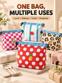 Embroidered Insulated Lunch Bag, Waterproof Storage Bag, Adjustable Roll-Top Design And Foldable Drawstring Closure, Portable, Suitable For Work, School And Picnic, Multi-Functional As Makeup Bag, Laundry Bag Or Shopping Bag - Multicolor - View 5