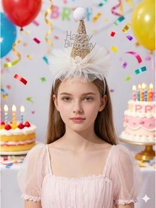 1pc White & Gold Mesh Birthday Headband With Rhinestones And Birthday Hat, Fashion Birthday Party Gift Hair Accessory For Girls - White - View 2