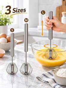 1pc Semi-Automatic Egg & Milk Mixer, Stainless Steel Hand-Push Rotary Whisk, Manual Handheld Mixer, Suitable For Eggs, Cream, Batter, Milk Foam And Sauces, Easy To Press, Kitchen Baking, Cooking, Cake Making, Home Kitchen Essential, S/M/L Sizes - Silver - View 3