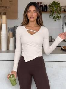 Never me Women's Square Neck Long Sleeve Yoga Top With Horizontal Straps, Hollow Out Cross Gathered Design, Built-In Bra Pads And Asymmetrical Hem - Apricot - View 4