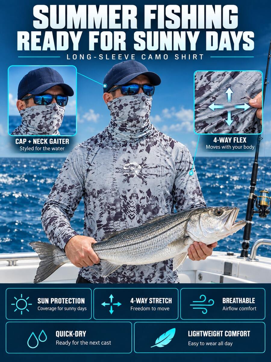 Fishing Hoodie Sailing Shirt Surfing Face Cover Neck Summer Men Long Sleeve Hunting Performance Fish Gear Beach Tops Wear Uniform Angling - Grey - View 1