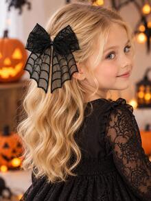 1pc Halloween Hair Bow Clip For Girl,Spider Web Print Solid Color Lace Hair Clip For Halloween Cosplay&Gift,Kids Hair Accessories - Multicolor - View 9