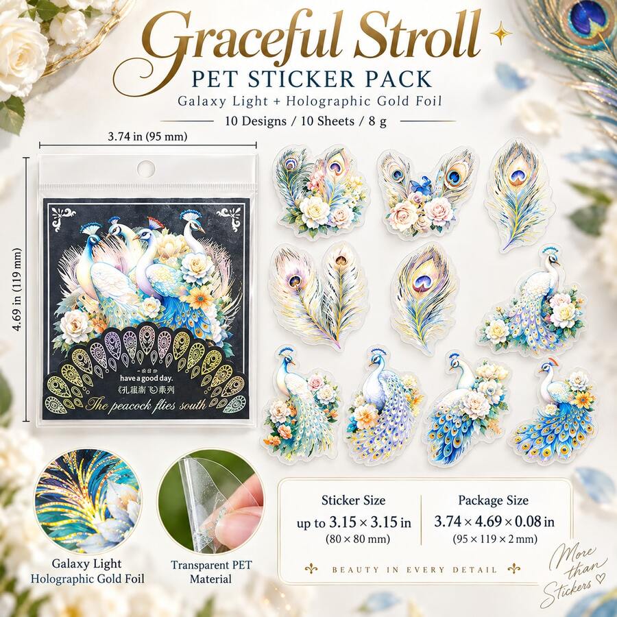 Peacock South Flight Series Galaxy Light Laser Gold PET Sticker Pack, Vintage Glamorous Peacock Planner Stickers, DIY Decorative Stickers - Multicolor - View 1
