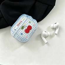 1pc Blue Checkerboard Red Cherry & Star Print TPU Earphone Case, Full Coverage Shockproof Protection, Wavy Edge With Matching Color Hanging Ring, Compatible With Apple Bluetooth Earphones, Fresh Summer Blue & White Checkerboard With Plump Cherry Pattern, Includes "Cherry" Text, Energetic Girl Style, Built-In Hanging Ring For Easy Attachment To Bags To Prevent Loss, Precise Cutouts For Charging Without Removing Case, Glossy Transparent Shell With Durable Print, Refreshing & Vibrant Color Scheme, Classic & Timeless, Summer Vibe, Versatile & Cute Earphone Protective Cover - Blue - View 4