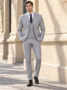 Men 3 Pieces Business Wedding Suits, 2 Button Single Breasted Blazer V-Neck Vest Straight Pants, Daily Repeated Formal Wear - Light Grey - View 1
