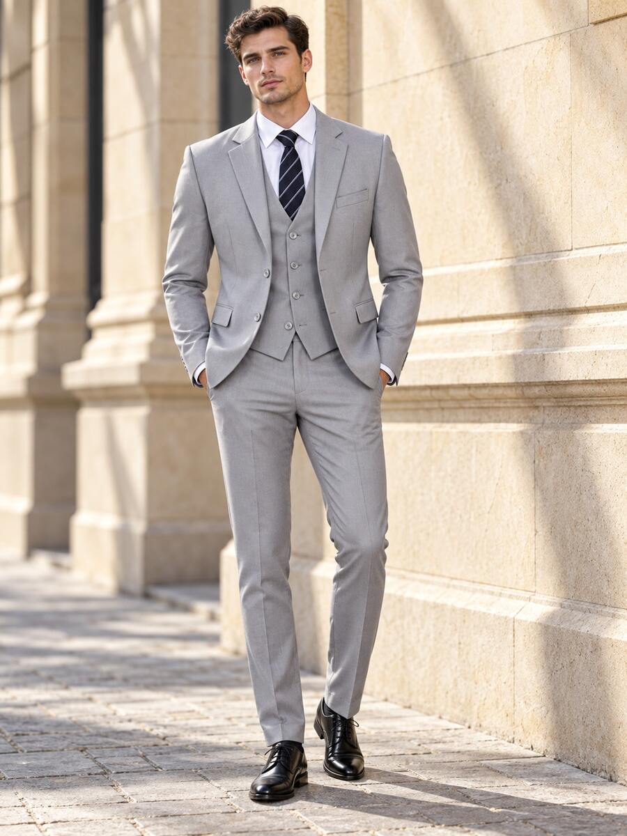Men 3 Pieces Business Wedding Suits, 2 Button Single Breasted Blazer V-Neck Vest Straight Pants, Daily Repeated Formal Wear - Light Grey - View 1