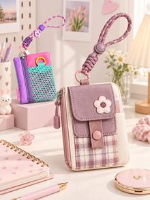 Color Block Mini Coin Purse With Phone Lanyard, Multifunctional Card Holder & Keychain Pendant, Portable Small Square Zipper Storage Bag, Suitable For Coins, Cards, Earphones And Daily Small Items, Cute Bag Charm Accessory,Travel Essential - Multicolor - View 11