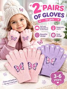 2 Pairs Kids Autumn/Winter Baby Knitted Five-Finger Woolen Warm Thick Split-Finger Gloves, Cold-Proof, Small Butterfly Design - Butterfly Gloves - View 2
