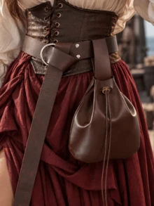 2PCS Vintage Medieval PU Leather Belt & Waist Bag Set, Drawstring Side Bag With Long Tail Belt, Renaissance Pirate Witch LARP Cosplay Halloween Costume Accessory - A - View 1