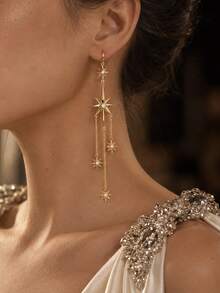 1pc Octagram North Star Multi-Chain Tassel Earrings, Rhinestone Embellished Celestial Style Long Drop Ear Hooks, Suitable For Prom, Wedding, Party - Rhinestones - View 3