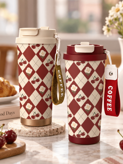 1pc 530ml/18oz Vintage Cherry Argyle Insulated Coffee Mug With Lid & Wrist Strap, Stainless Steel Travel Tumbler, Reusable Hot & Cold Drink Cup, Cute Retro Aesthetic Cup For Women, Office, Car, Commute, Travel, White/Red