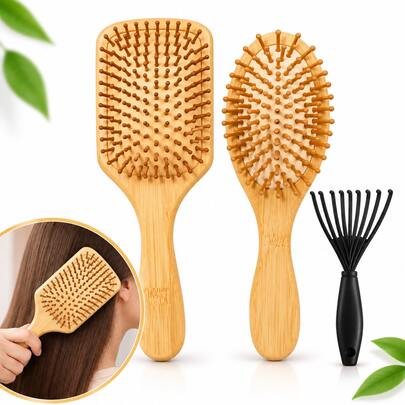 2 Packs Natural Bamboo Hair Brushes Set, Oval & Rectangle Air Cushion Massage Comb, Wooden Bristle Detangling Hairbrush For Wet Dry Hair, With Hair Brush Cleaner Tool