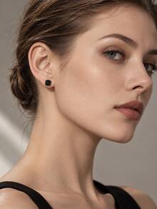 6mm Black Zirconia Stud Earrings, Streetwear Style, Unisex, Suitable For All Occasions, Low-Key Luxury, Enhances Elegant - Black - View 5