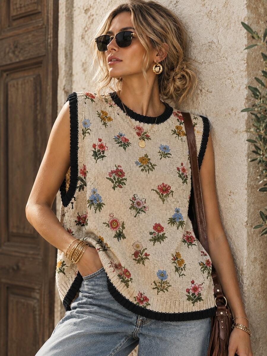 Floral Print, Oversized Loose Fit, Women's Elegant Color Block Round Neck Pullover Tank Top, Casual And Versatile, Suitable For All-Season Daily Wear, Fashionable High-Quality Knitwear