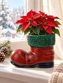 1pc Christmas Shoe-Shaped Planter, Vintage Country Boot Planter With Decorative Textured Trim, Holiday Plant Stand, Suitable For Living Room, Mantel, Entryway And Tabletop Decor Center - New Product - View 3